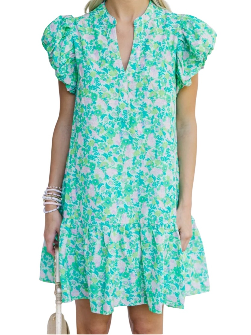 Entro Green Floral Puff Sleeve Babydoll Dress L On Island Time